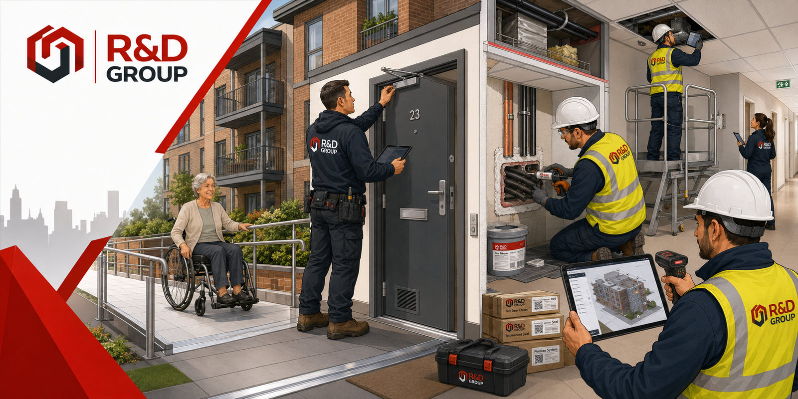Illustration of R&D Group building safety work in a block of flats: an operative inspecting a flat entrance fire door and logging it on a tablet, a level access ramp and handrail to the entrance, a firestopping installation being sealed around service penetrations, a colleague working in the ceiling void from a podium, and a supervisor scanning the barcode on a boxed fire door closer into a building record on a tablet.