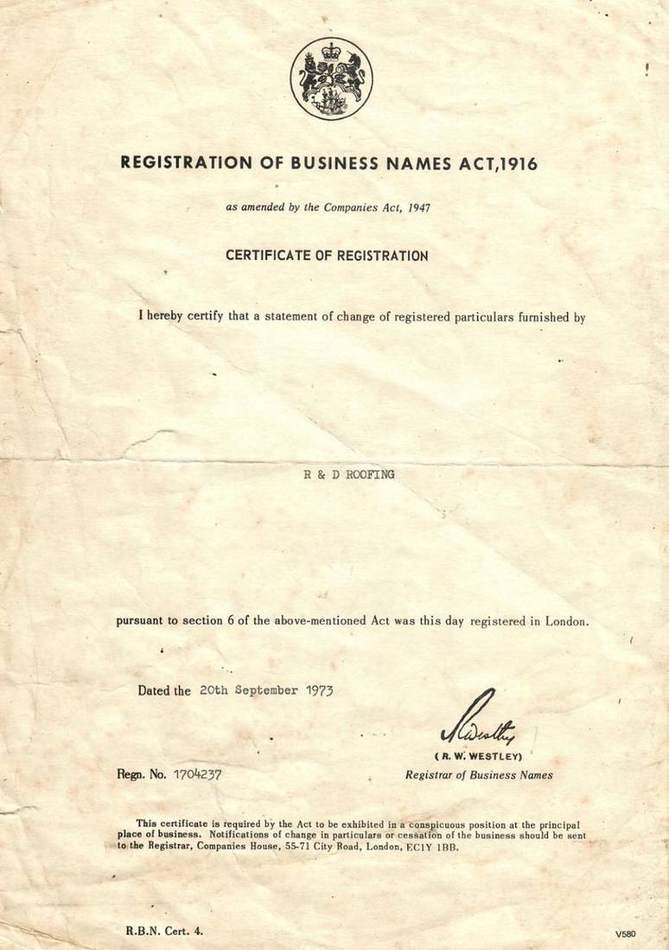 Certificate of registration under the Registration of Business Names Act 1916, issued to R & D Roofing and dated 20 September 1973