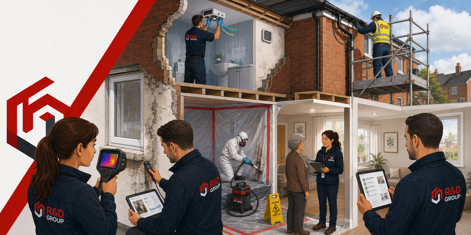 Cutaway illustration of an R&D Group damp and mould visit: a surveyor reading an external wall with a thermal-imaging camera while a colleague logs the results, an operative fitting an extractor fan in the bathroom above, another renewing rainwater goods from a scaffold, a technician in full protective equipment remediating mould inside a sealed containment, and a supervisor explaining the plan to the resident in her living room.