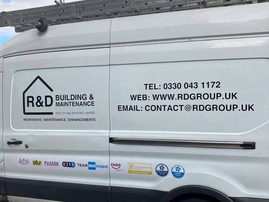 R&D Building and Maintenance liveried van showing contact details and accreditation marks along the side