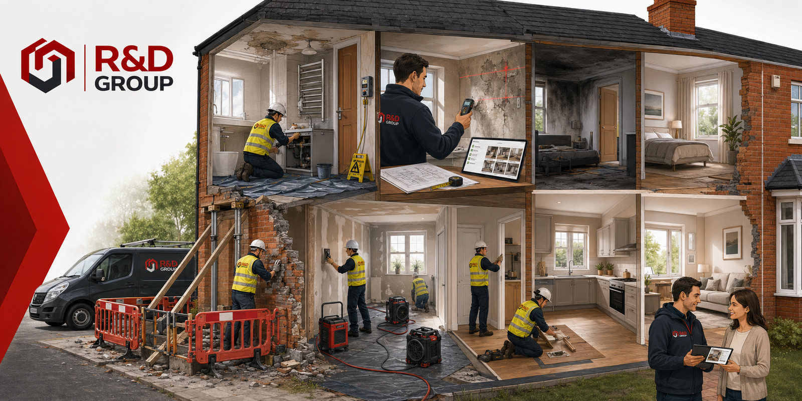 Cutaway illustration of an R&D Group insurance reinstatement: a fire-damaged bedroom and water-damaged bathroom on one side of the house and the same rooms restored on the other, with a surveyor recording moisture readings and photographic evidence on a tablet, an operative rebuilding damaged brickwork behind propping and barriers, drying equipment running, plastering and flooring under way, and a supervisor handing the finished job back to the policyholders at the door.