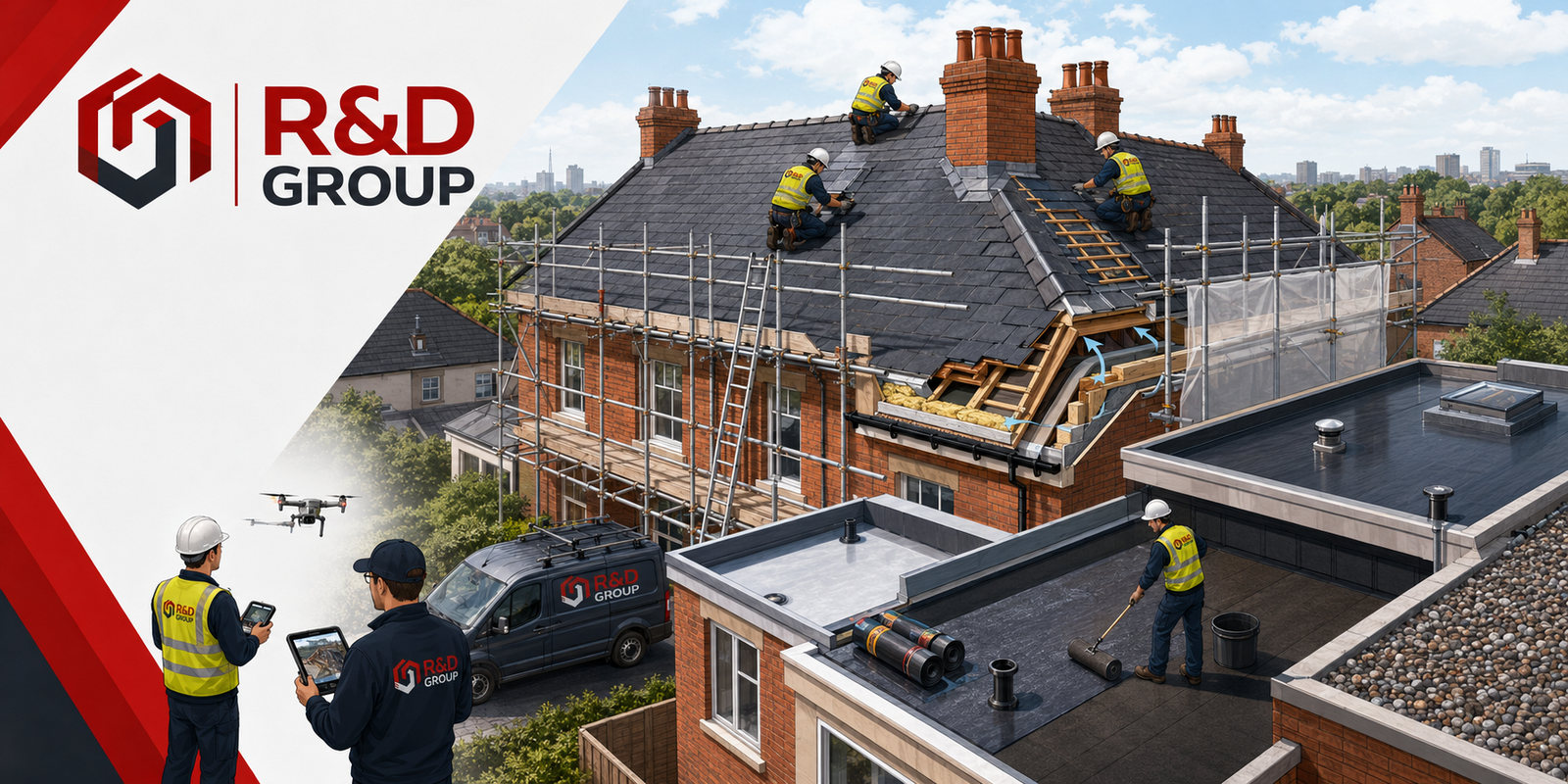 Illustration of R&D Group roofing work: a scaffolded Victorian villa being re-slated, with operatives stripping and battening a dormer, insulation and new timber exposed, a flat roof alongside being covered with torch-on felt, and two surveyors on the ground flying a drone and reviewing the survey on a tablet.