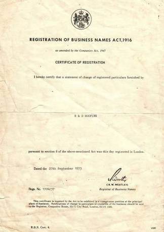The original 1973 Registration of Business Names certificate issued to R&D Roofing