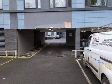Undercroft parking area with the soffit reinstated and an R&D Group van parked alongside