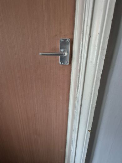 Latch and striking plate fitted to a fire door and frame