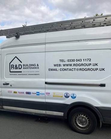 R&D Building and Maintenance liveried van showing contact details and accreditation marks along the side