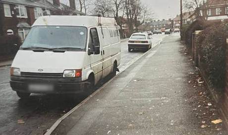 An early Ford Transit van parked on a Manchester residential street in the company's earlier years