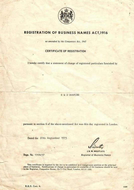Certificate of registration under the Registration of Business Names Act 1916, issued to R & D Roofing and dated 20 September 1973