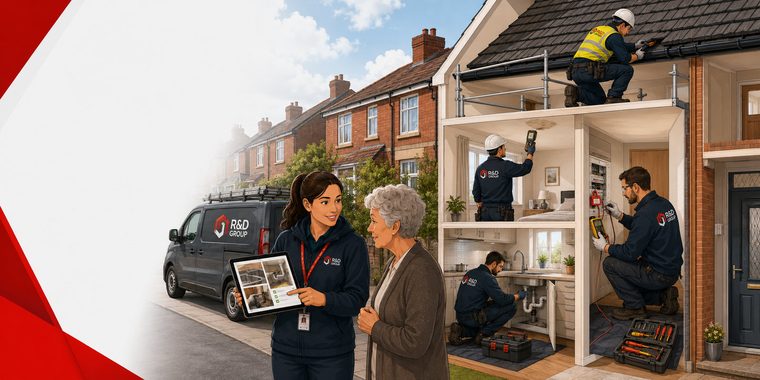 Illustration of an R&D Group responsive repairs visit, with a supervisor showing a resident the completed work and operatives working across several trades in the same property