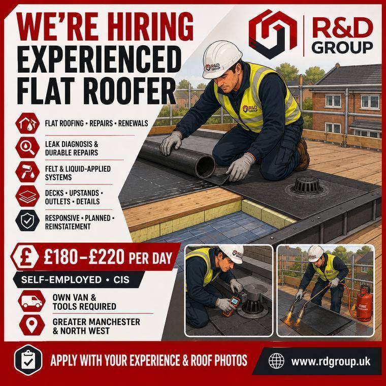 R&D Group recruitment advert: Experienced Flat Roofer