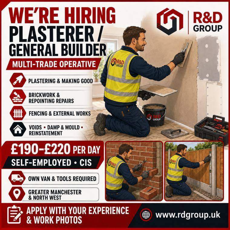 R&D Group recruitment advert: Plasterer / General Builder