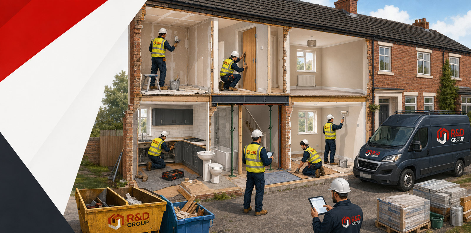 Cutaway illustration of an empty house being turned around by R&D Group: a plasterer skimming an upstairs wall, a joiner hanging a door, a new kitchen and bathroom being fitted downstairs, a decorator rolling out a finished room, flooring being laid, a supervisor recording progress on a tablet, and skips outside taking away the strip-out.